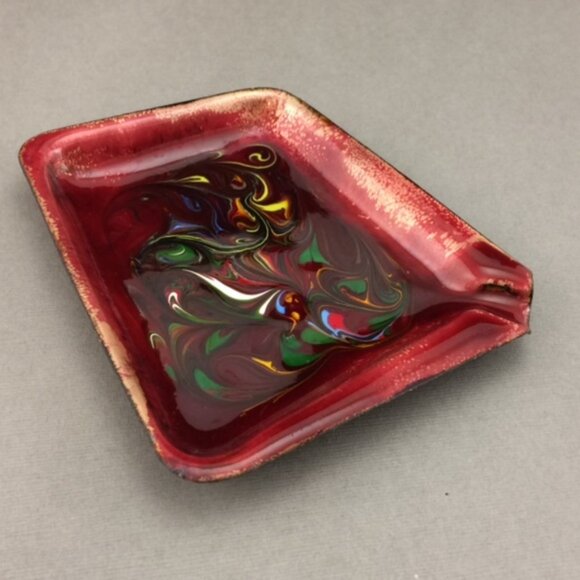 Vintage Enamel on Copper Red Abstract Swirl Ashtray Artisan Handmade - Picture 3 of 14
